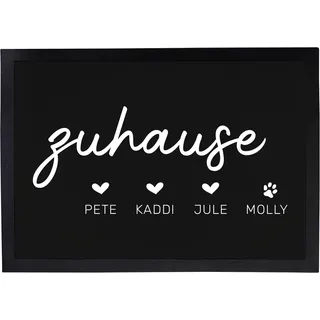Personalisierte Fußmatte | Türmatte mit Name Bedruckt | Haustür Matte für Paare & Familien mit Haustier | Herz | Pfoten Abdruck für Katze und Hund | 40 x 60 cm (Zuhause Namen)