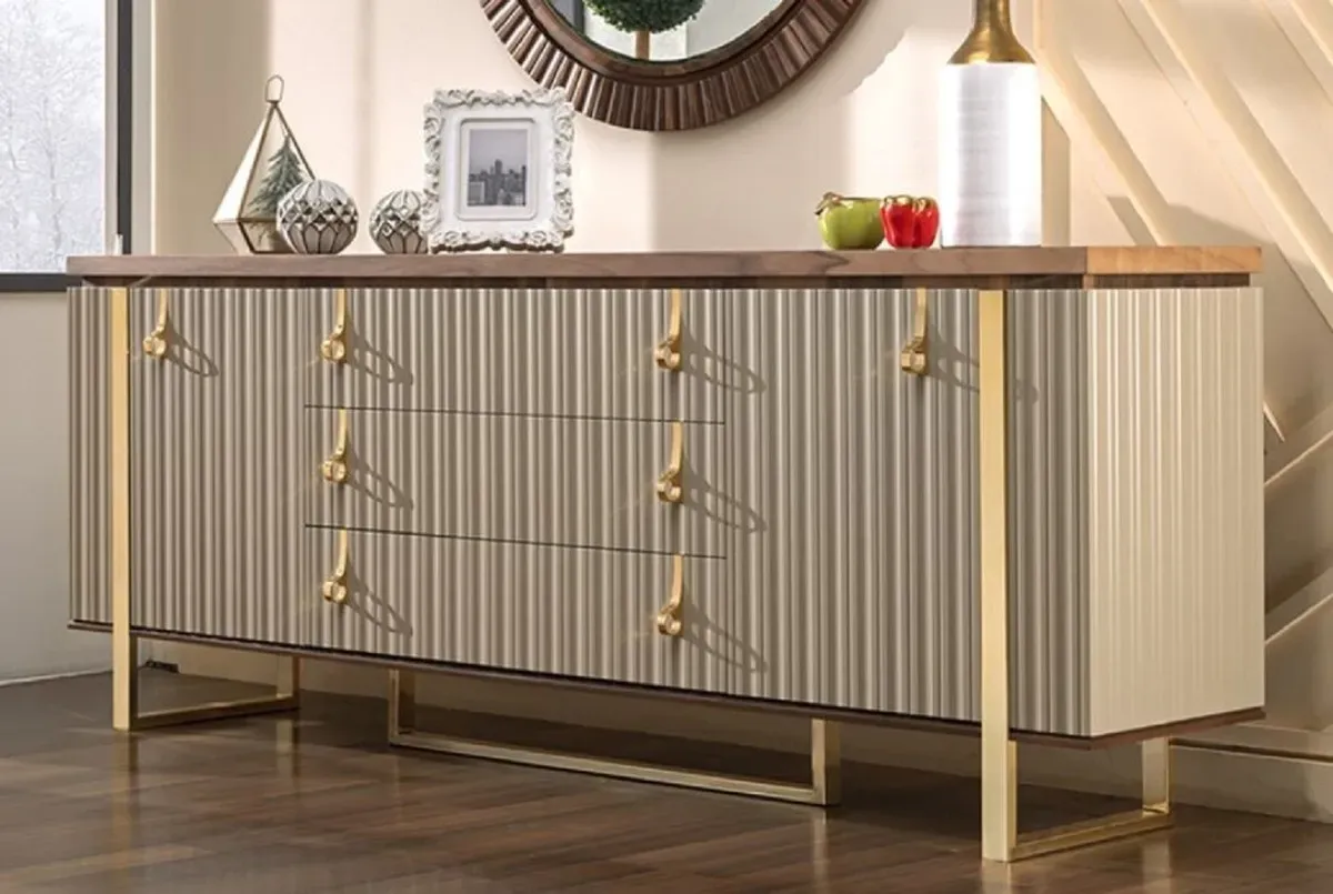 Casa Padrino Luxus Art Deco Sideboard Grau / Braun / Gold 200 x 42 x H. 80 cm - Edler Massivholz Schrank mit 2 Türen und 3 Schubladen - Art Deco Möbel - Luxus Möbel