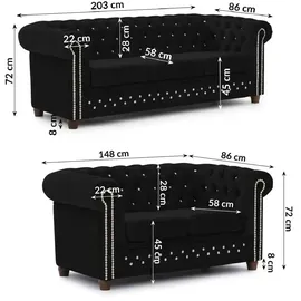 S-Style Chesterfield Polstergarnitur Samt 3-Sitzer + 2-Sitzer Schwarz