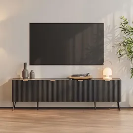 [en.casa] En.Casa, TV Möbel, Fernsehschrank ‘Nand’ mit 4 Türen geriffelt 180 x 35 x 51 cm Schwarz - Schwarz