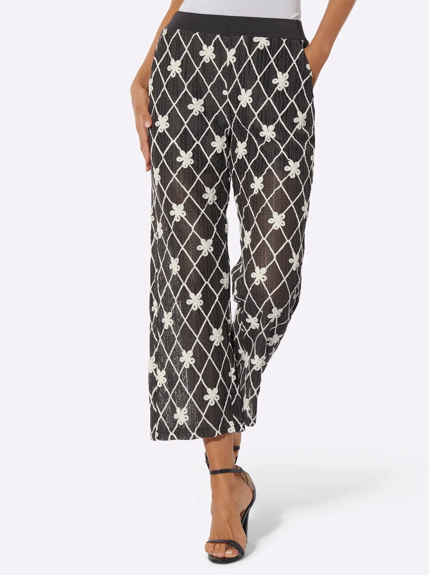 Webhose CREATION L, Damen, Gr. 48, Normalgrößen, schwarz-weiß (graphit, champagner), 100% Polyester, geblümt, gemustert, Hosen