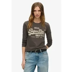 Superdry für Damen. W6011961A T-Shirt mit braunem Vintage-Logo und Borten (XS), Lässig, Baumwolle, Langarm