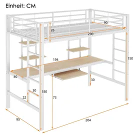 XDOVET Hochbett mit Schreibtisch und zwei Bücherregalen 90 x 200 cm MDF weiß