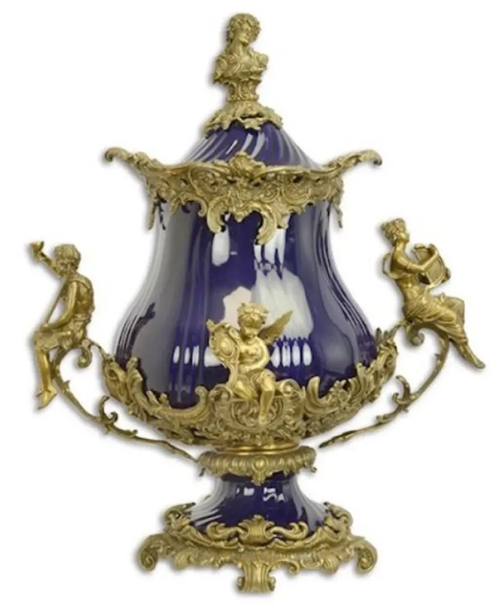 Casa Padrino Luxus Barock Porzellan Schüssel mit Deckel und 2 Messing Griffen