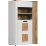 trendteam smart living - Vitoria - Glasvitrine - Weiß matt/Eiche - Vitrinenschrank mit Hirnholzapplikationen - (BxHxT) 90 x 146 x 42 cm - Wohnzimmervitrine mit vertauschbaren Türen