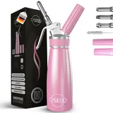 OSEDO® Sahnespender 500ml - inkl. 3 Edelstahl Tüllen + 2 Kapselhalter + Reinigungsbürste + Rezepte Ebook - Hochwertiger Aluminium Sahnesyphon für Sahne, Espumas, kalte und warme Saucen (Pink)