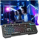 VSIUO Gaming-Tastatur mit Handyhalterung,Metallplatte,Anti-Ghosting Tastatur (Deutsches Layout,Kabelgebunden,Beleuchtet Regenbogen Tastatur) schwarz