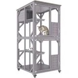 Mophorn - Katzenhaus für draußen, großes 3-stöckiges Katzenhaus mit 360° drehbaren Rollen, 2 Plattformen, Ruhebox, große Vordertür, 76,1 x 86,4 x