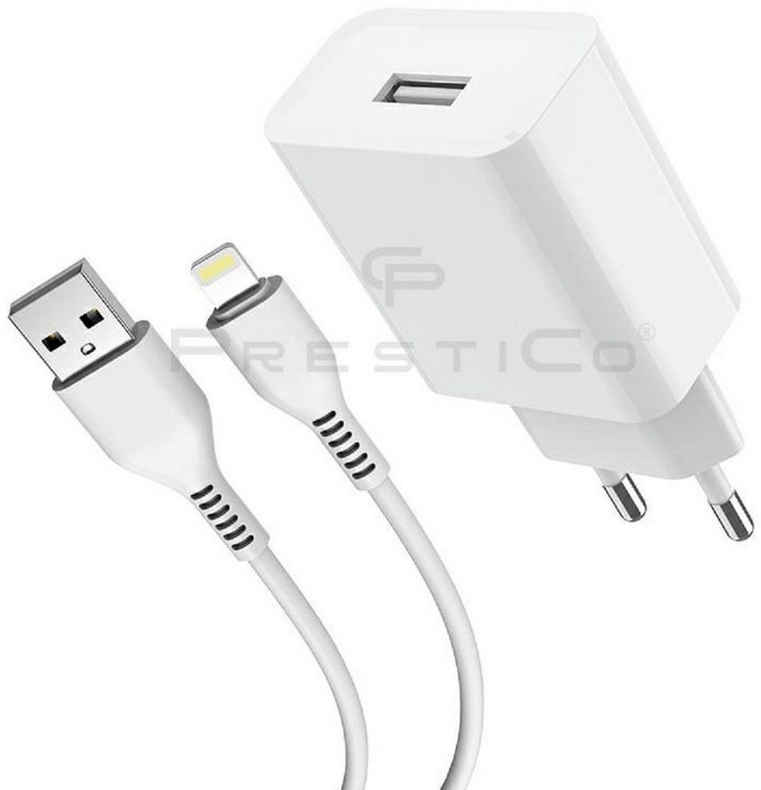 PrestiCo F6S​ Schnell Ladegerät + Ladekabel​ 1xUSB+LIGHTNING​ 2​.​1A​ white Smartphone-Kabel, Lightning, USB-A (100 cm), Schnellladefunktion 2​.​1A weiß