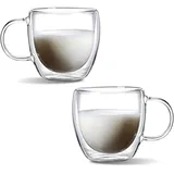 MerwDeeyt Doppelwandige Kaffeegläser 2er Set Thermogläser, Latte Macchiato Gläser Cappuccino Gläser Teegläser mit Henkel, Modern Kaffee Glas Doppelwandige Gläser Kaffeetassen (150ml)