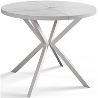 Runder Esszimmertisch LOFT LITE, ausziehbarer Tisch Durchmesser: 90 cm/170 cm, Wohnzimmertisch Farbe: Marmur, mit Metallbeinen in Farbe Weiß