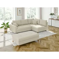 s-style möbel - Ecksofa mit Schlaffunktion und Hocker mit Braun Holzfüßen im skandinavischen Stil aus Beige Cord-Stoff, Ottomane rechts - Beige