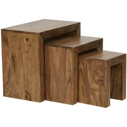 KADIMA DESIGN 3er Set Satztisch Massiv-Holz Sheesham Wohnzimmer-Tisch Landhaus-Stil Beistelltisch dunkel-braun