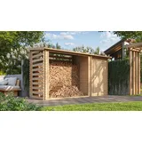 TIMBELA M205 – Gartenhaus Holz mit Brennholzregal B344xL146xH199 cm/ 3.64 m2 – Naturbelassen