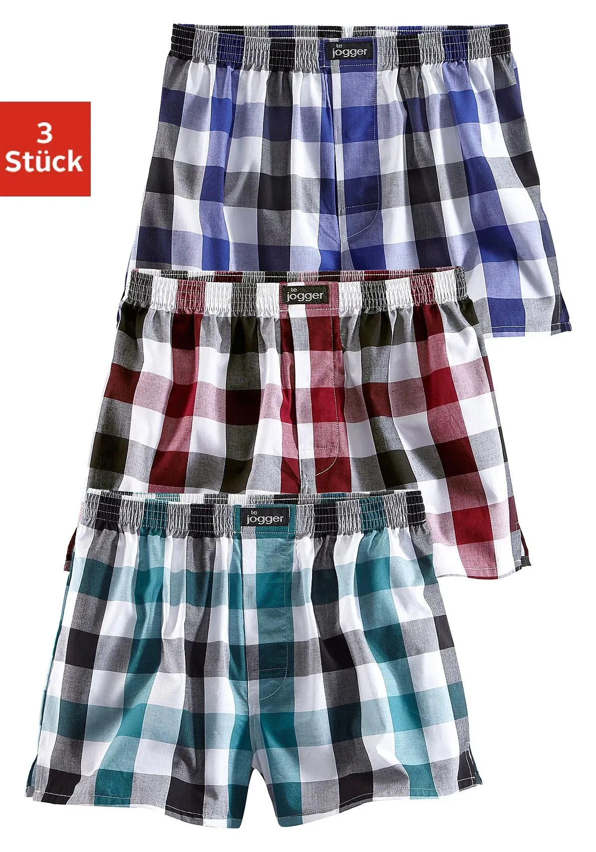 Webboxer LE JOGGER, Herren, Gr. 3, 3 Stk., bunt, Webqualität, Obermaterial: 100% Baumwolle, kariert, weit, Unterhosen, farbig kariert