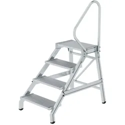 PROREGAL Montagetritt mit Handlauf | 4 Stufen | Aluminium geriffelt | Rutschfeste Kunststoffschuhe
