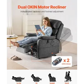 Vevor elektrischer Massagesessel Relaxsessel Liftsessel mit Wärme und Massage für Senioren, Liegesessel mit 2 Motoren & 2 Anti-Fall-Seilen, stufenlose Positionseinstellung (mittelgroß, dunkelgrau)