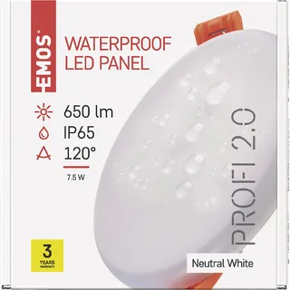 EMOS LED Panel Einbauleuchte 7,5W, extra-flacher 650 lm runder Einbaustrahler, Neutralweiß IP65 wasserdicht für Feuchträume oder Außen, Farbe weiß, Durchmesser 10 cm, rahmenlos