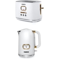 Muse Wasserkocher und Toaster Set, 2er Frühstücks-Set mit Retro Wasserkocher und 2 Scheiben Toaster mit analoger Anzeige, Weiß und Edelstahl
