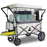 TOPWELL Bollerwagen faltbar, Handwagen mit Dach und Bremsen, Transportkarre Gerätewagen, klappbar, 180L große Kapazität Festival Wagen, bis 120 kg Tragkraft (Grau/Beige)
