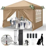FCH Faltpavillon 3x3 m Gartenpavillon mit 4 Seitenteilen, Pavillon mit 4 Sandsäcke Pavillon Pop Up Partyzelt,Khaki - Beige