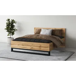 Bettgestell HOME AFFAIRE "Bronne, Made in Europe, industrial Style, moder und zeitlos", braun (wotan eiche, wotan eiche, schwarz), B:168cm H:93,5cm L:208,5cm, Betten, mit Kufen in Metalloptik, FSC-zertifiziert, wahlweise in 3 Breiten, Topseller