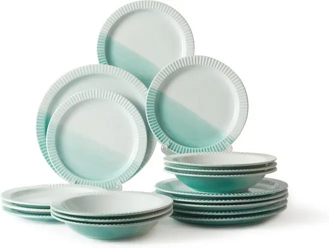 JIWOO Collins Geschirr-Set 18-teilig Grün Ombre,(6 Stück 8,5-Zoll-Suppenteller + 6 Stück 8,5-Zoll-Essteller + 6 Stück 10-Zoll-Essteller) , Spülmaschinen- und mikrowellengeeignet
