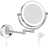 Nicesail Wand Kosmetikspiegel mit beleuchtung 10x - 360° Ausziehbare Drehung - Dünner Rahmen - mit Stecker - Bohrloch-Montage - Chrom - Vergrößerungsspiegel Bad - Rasierspiegel mit Vergrößerung,Φ 20cm