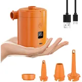 Wiederaufladbare Elektrische Luftpumpe Mit 5200 Mah Akku Und Digitalanzeige, 280 L/min Schnellaufblasleistung, 3 Düsen + Vakuumbeutelverschluss, Tragbar Für Matratzen Und Pools, Orange