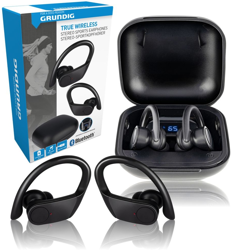 Grundig Bluetooth in Ear Kopfhörer Sport - Tragbar Ladebox und Integriertem Mikrofon - Wireless Audio In-Ear Kopfhörer Schwarz