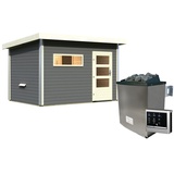 Karibu Saunahaus Skrollan 2 mit Vorraum terragrau-9 kW Ofen inkl. Steuergerät