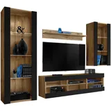 komodee Wohnzimmerset, Eiche Wotan, Schwarz, Holzwerkstoff, 8 Fächer, Rechteckig, 245x159x35 cm, Wohnzimmer, Wohnwände, Wohnwand-Sets
