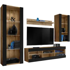 komodee Wohnzimmerset, Eiche Wotan, Schwarz, Holzwerkstoff, 8 Fächer, Rechteckig, 245x159x35 cm, Wohnzimmer, Wohnwände, Wohnwand-Sets