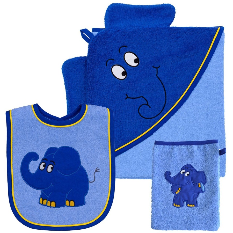 Smithy Blauer Elefant Kapuzenhandtuch, Waschhandschuh + Lätzchen - blau - 3er Set: Badetuch: 100x100 cm, Waschlappen: 14x23 cm, Lätzchen: 24x24 cm