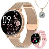 BANLVS Smartwatch Damen mit Telefonfunktion, 1.27“ HD Uhren Damen mit 110 Sportmodi, Pulsmesser, Schlafmonitor, Menstruationszyklus, SpO2 und BMI, IP68 Wasserdicht Smartwatch für Android iOS, Gold