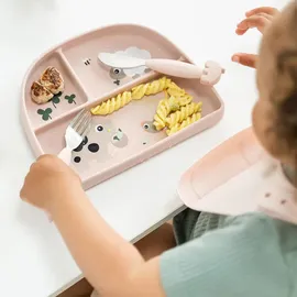 Done by Deer Kindergeschirr + Kinderbesteck Stick&Stay Menüteller Tiny Farm Pink/Rosa