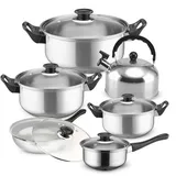Topfset, Pfannenset mi Flötenkessel, 12-teilig | Kochtopfset | Kochtöpfe | Töpfe mit Glasdeckel | Silber, Edelstahl | Retoo - Silber