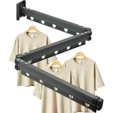 Gemsaya Ausziehbarer Wäscheständer, 3-Fach Gefaltet Wandmontage Kleiderstange 126cm, Platzsparend Einziehbarer Faltbar Kleiderständer mit Haken, Faltbar für Balkon, Wäsche, Badezimmer, Pistolengrau