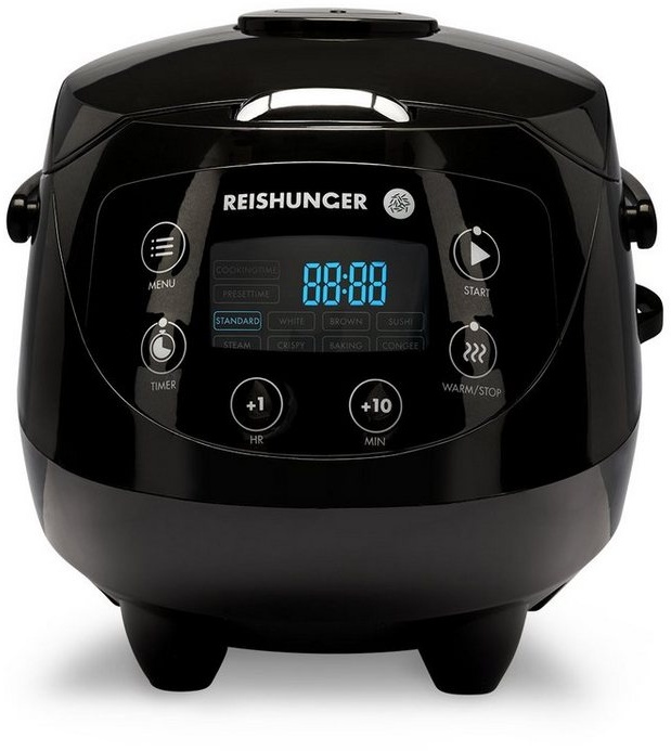 Reishunger Reiskocher - Digitaler Mini Reiskocher, 350 W, Dämpfeinsatz, Messbecher, Reislöffel, Timer- und Warmhaltefunktion schwarz