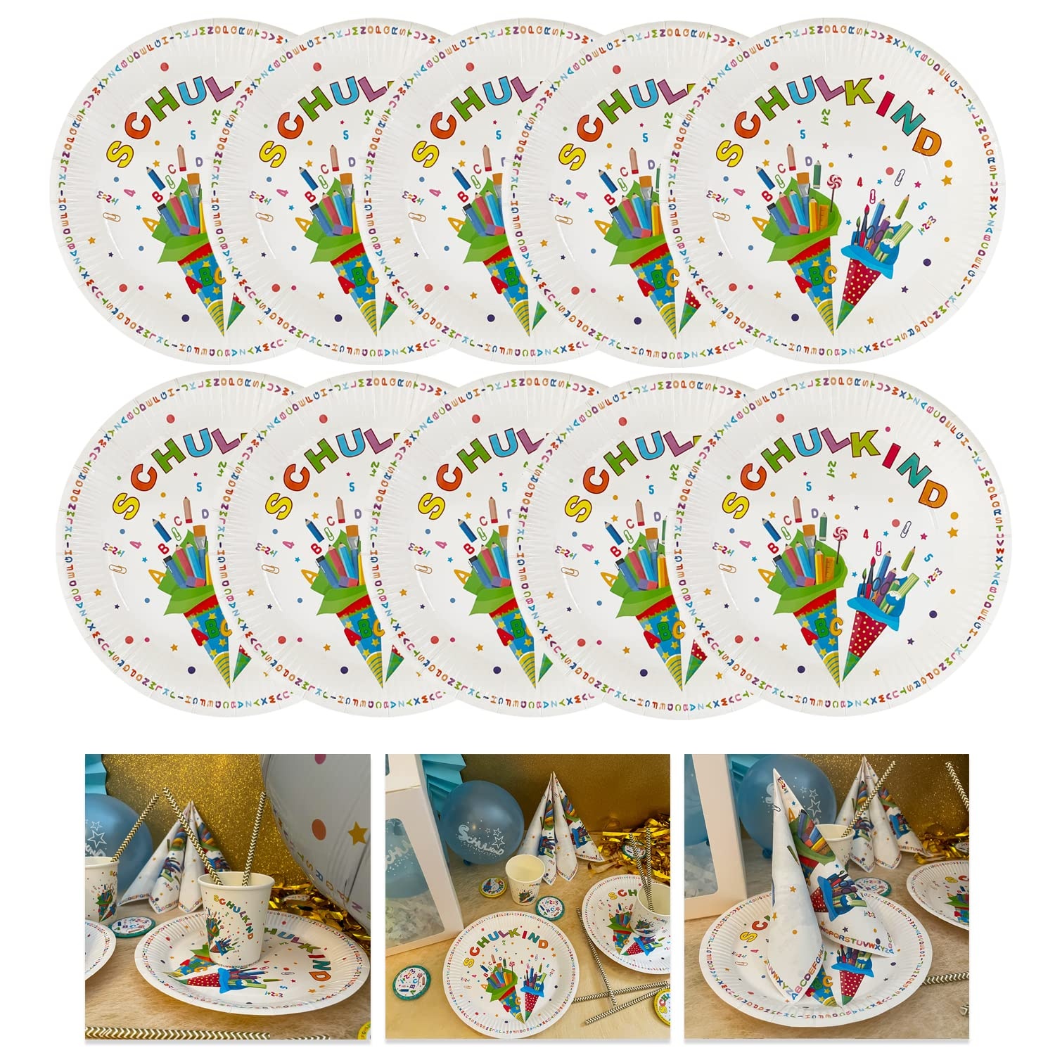 Oblique Unique® Schulkind Party Pappteller Set Papierteller Einwegteller für Schuleinführung Einschulung Tischdeko für Jungen und Mädchen (Bunt - 10 Stück)