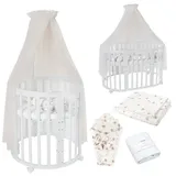 Waldin Oval Baby-Bett Mitwachsend Komplett Set 7in1, Gitterbett, Kinderbett mit Matratze, Wickelkommode, Beistellbett, Holz Weiß, Stoffe Champagner Löwenzahn