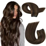 Moresoo 60 cm Tressen Echthaar Dunkelbraun mit Kastanienbraun Weft Extensions Echthaar 100g Extra Lang Glattes Haar Extra Voluminös #P2/8