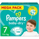 Pampers Baby-Dry Windeln, Größe 7 (15 + kg), 186 Windeln, Mega Pack 1 Monat, bis zu 12 Stunden, trocken und mit doppelter Rückseite, auslaufsicher, jetzt mit mehr Windeln