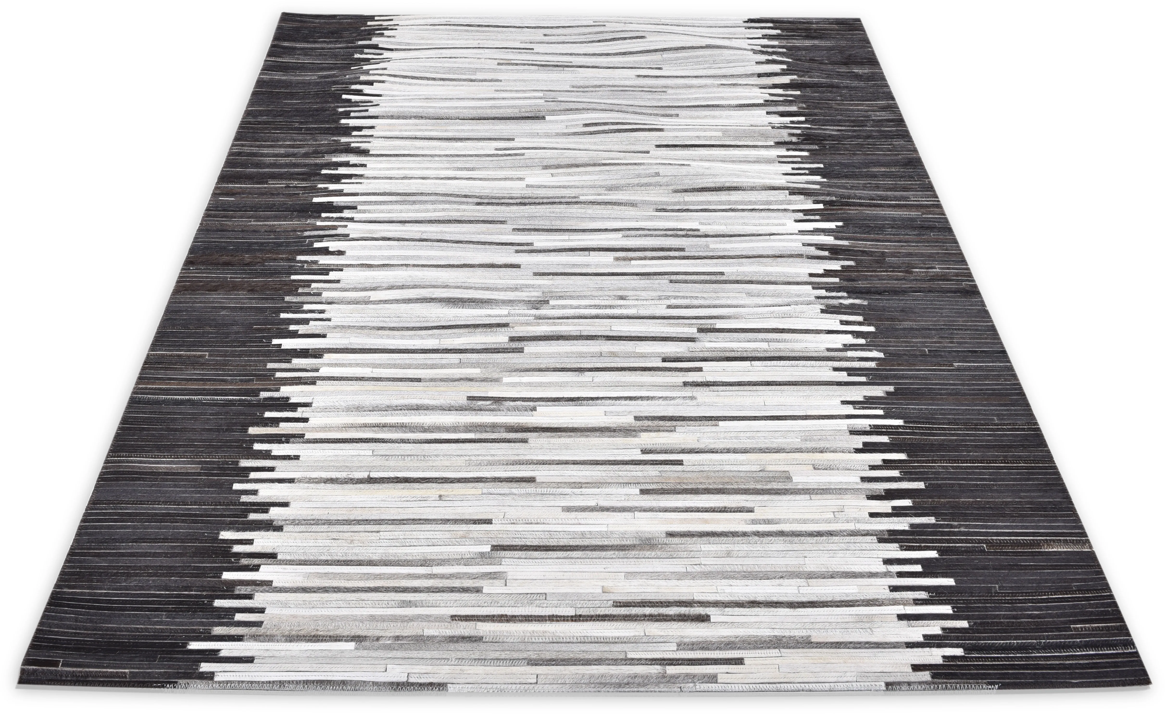 THEKO Fellteppich »Kobe-Streifen«, rechteckig, Patchwork, handgenäht, echtes Rinderfell in Naturtönen THEKO silberfarben B/L: 70 cm x 140 cm