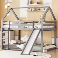 Doppelbett, Kinderbett, Hochbett mit Rutsche und Leiter, hohes Doppelstockbett fürs Kinderzimmer, grau, 140 x 200 cm
