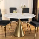 riess-ambiente Runder Esstisch ELEGANCIA 130cm weiß Marmor gold Metall mit Säulenfuß - Weiß