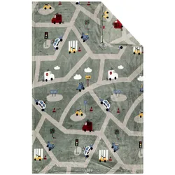 Kinderdecke S.OLIVER "Flanellfleecedecke s.Oliver Junior Straßen", grün, B:100cm L:150cm, Wohndecken, Straßenverkehr und Polizeiautos