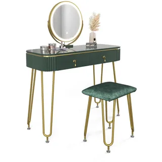 Vicco Schminktisch Grace Dunkelgrün Hochglanz, 100 cm mit LED Beleuchtung und Hocker 100x126 modern Schlafzimmer Kommode Schublade Ablage Aufbewahrung Kosmetiktisch Schminkkonsole Make-Up-Tisch
