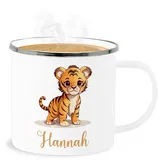 Emaille Becher Blechbecher - Tiger mit Namen - Zootiere Tiermotiv - 300 ml - Weiß Silber - tigermotiv tasse tiger, personalisierte motiv geschenke name und personalisieren