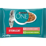 PURINA ONE Sterilcat Katzenfilets in Sauce mit Lachs und Karotten, mit Truthahn und grünen Bohnen, 48 Beutel à 85 g, 12 Packungen à 4 x 85 g